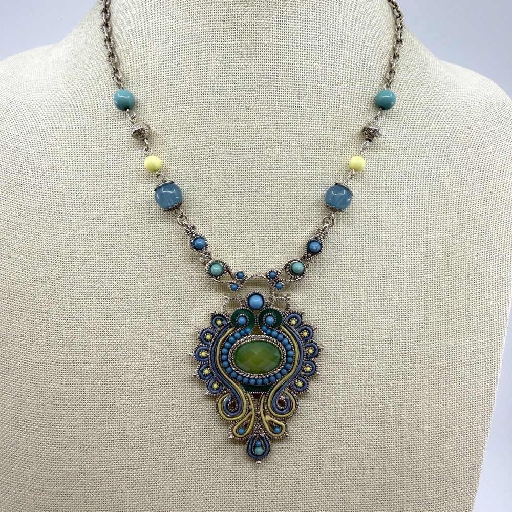 Statement Boho Necklace Green Centerpiece Beaded Colorful Festival Layering Gift
